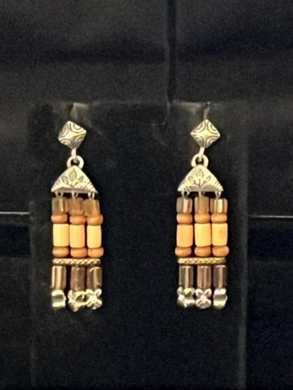 Etched Silver Tone and Brown Bead Earrings